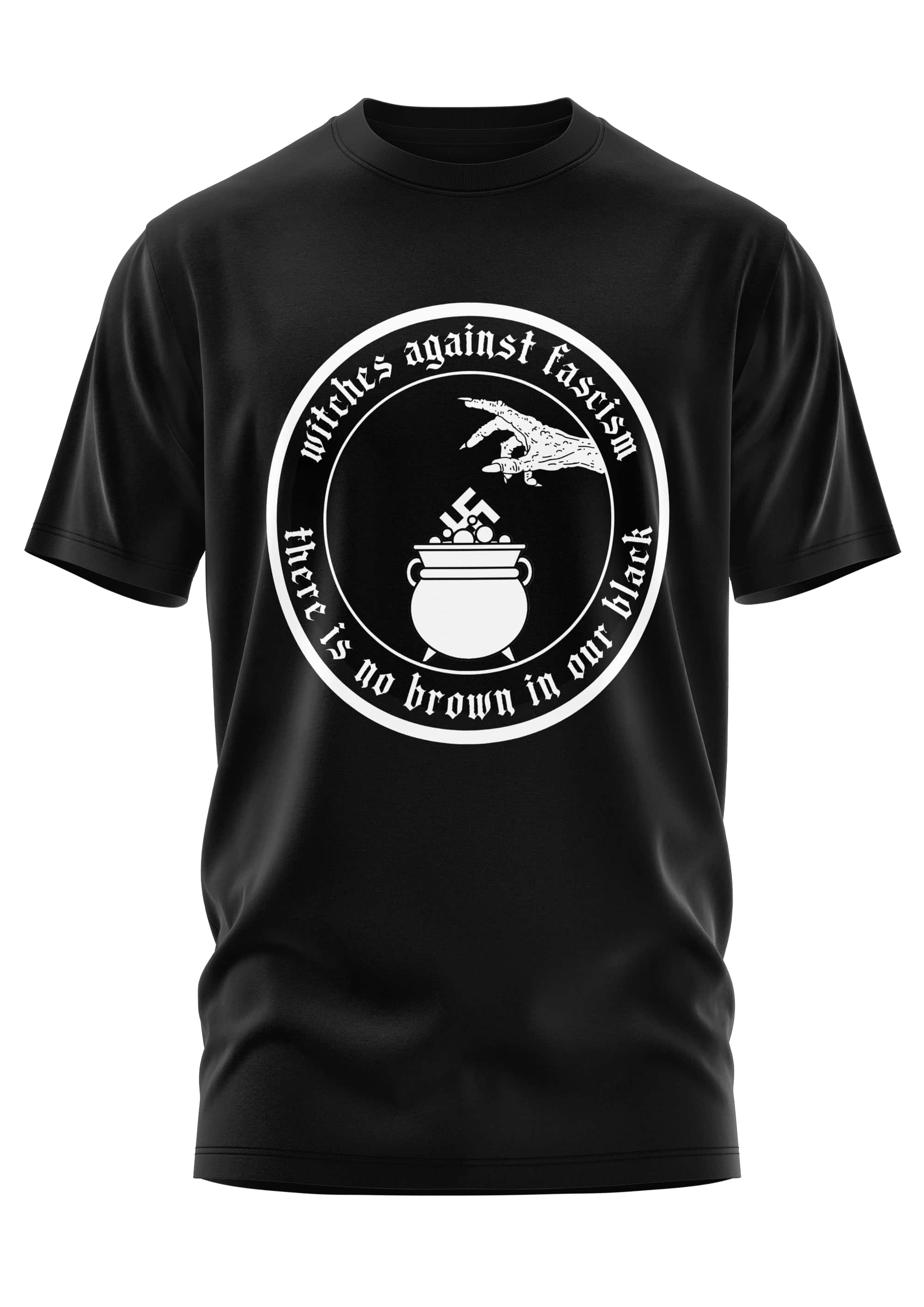 Schwarzes kurzarmshirt witches gegen faschismus mit weißem rundem grafikdruck hand über kessel langlebiger digitaldruck gaia lizenzierte bekleidung